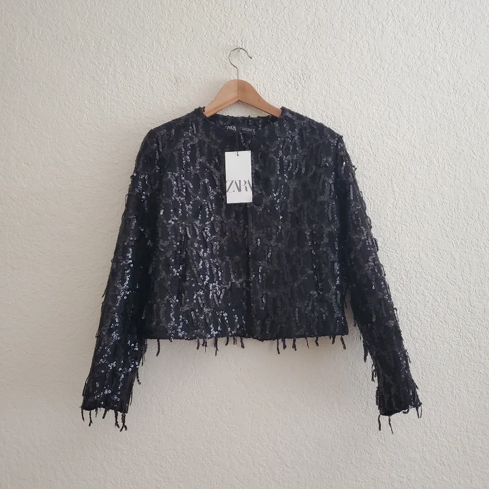 Zara fringe sequin blazer jacket Black Size XS